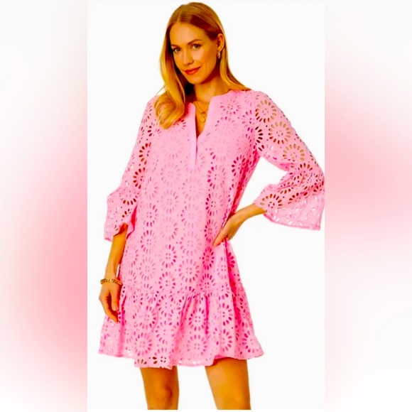 Lilly Pulitzer Bekah Eyelet Dress Peony Pink  Pinwheel Eyelet large - Picture 1 of 12